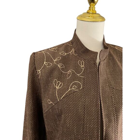 Sag Harbor Petite Brown Gold Embroidered Zip Up Jacket Size 12P Woven Texture - Picture 8 of 12